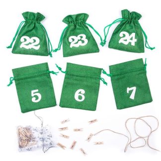 Geschenk 1 Stk. Adventskalender Jutesäckchen 12 x 15 cm - grüne + weiße Zahlen