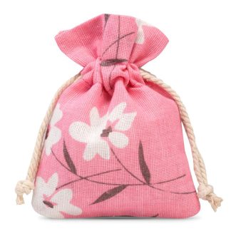 Geschenk 3 St. Säckchen à la Leinen mit Druck 12 x 15 cm - naturfarbe / rosa Blüten