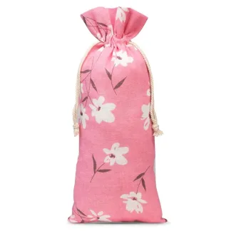 1 St. Säckchen à la Leinen mit Druck 16 x 37 cm - naturfarbe / rosa Blüten