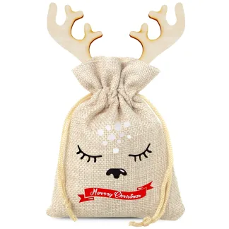 1 Stk. Jutesäckchen 13 x 18 cm - Weihnachten + Holzkugel mit Hörnern