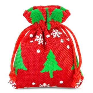 10 St. Jutesäckchen 8 x 10 cm - rot / Tannenbaum