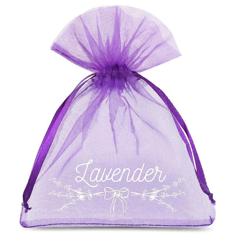 10 St. Organzabeutel 10 x 13 cm - dunkelviolett mit Druck (Lavendel) 2