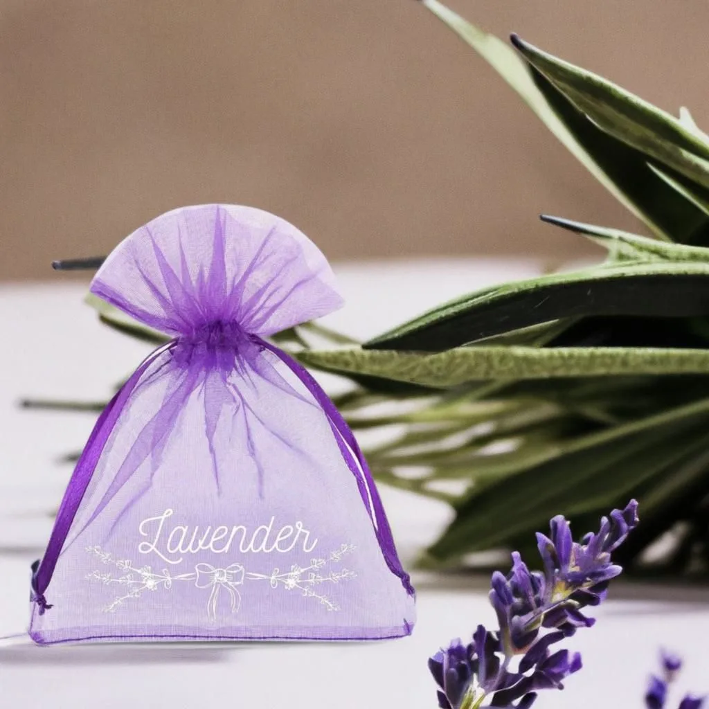 10 St. Organzabeutel 10 x 13 cm - dunkelviolett mit Druck (Lavendel) 2 – Bild 2