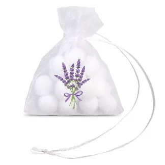 10 Stk. Organzasäckchen 7 x 9 cm, weiß, mit Aufdruck Lavendel