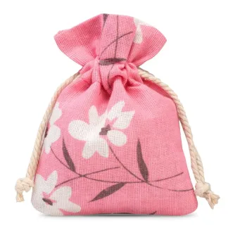 3 St. Säckchen à la Leinen mit Druck 12 x 15 cm - naturfarbe / rosa Blüten