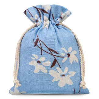 3 St. Säckchen à la Leinen mit Druck 13 x 18 cm - naturfarbe / blaue Blumen