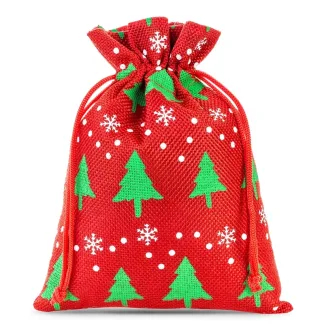 5 St. Jutesäckchen 15 cm x 20 cm - rot / Tannenbaum