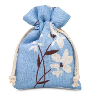 5 St. Säckchen à la Leinen mit Druck 10 x 13 cm - naturafarbe / blaue Blumen