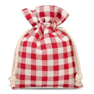 5 St. Säckchen à la Leinen mit Druck 10 x 13 cm - naturfarbe / rotes Gitter
