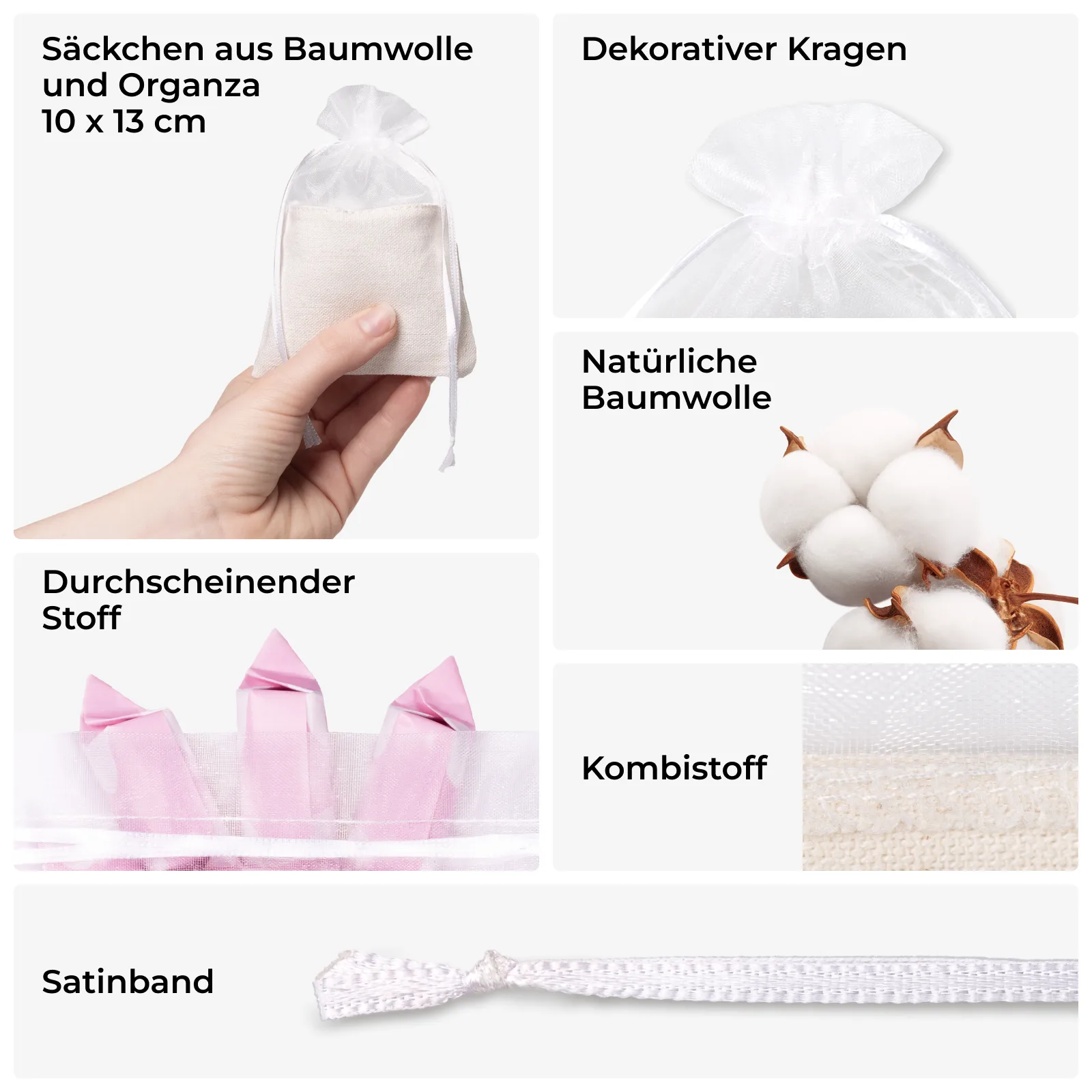 Baumwollbeutel mit Organza 10x13 cm - 10 Stück - Stilvolle & nachhaltige Geschenkverpackung – Bild 2