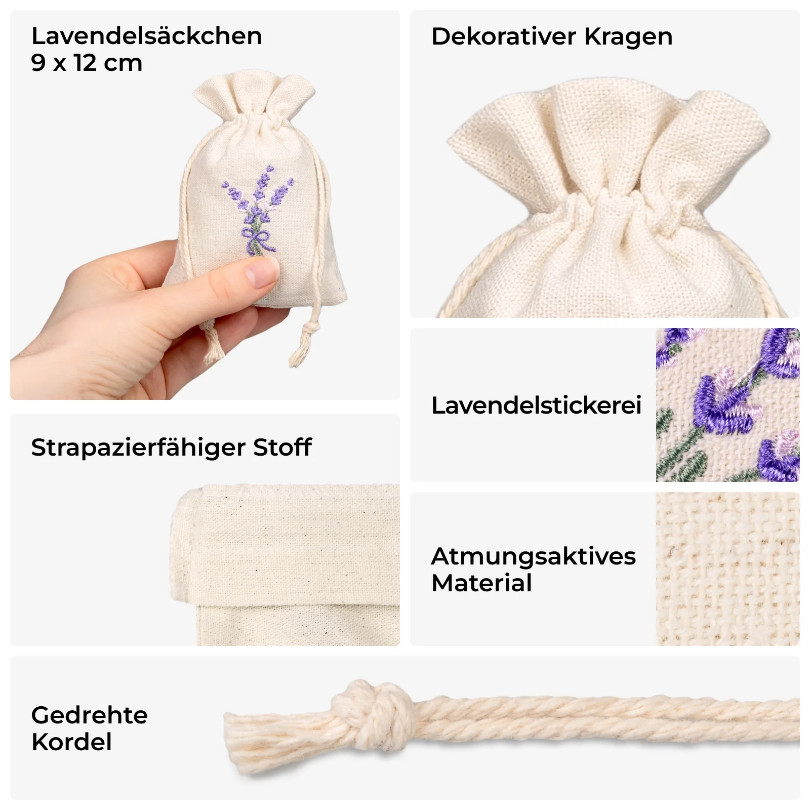 Leinen-Optik Säckchen mit Lavendelstickerei - 9x12 cm, 10 Stück - dekorative Geschenkbeutel in Leinen-Optik – Bild 2
