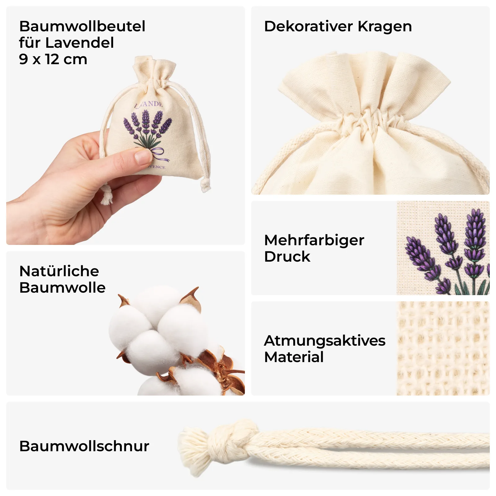 10 Stk. Baumwoll-Beutel mit dekorativem Lavendelmotiv (Druck), Größe 9 x 12 cm, Farbe Natur – Bild 2