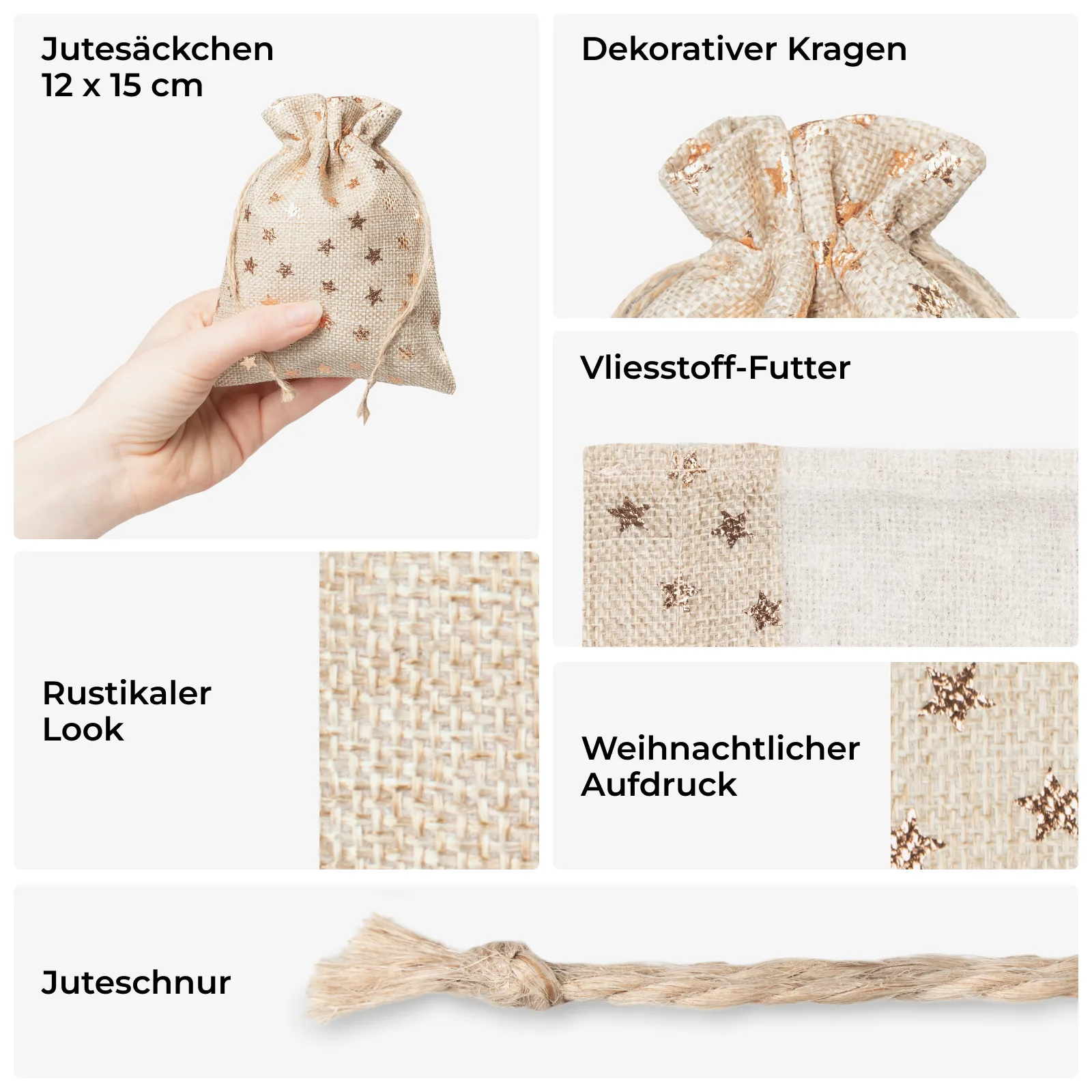 10 Jute Säckchen 12x15 cm - mit goldenen Sternen - stilvolle Geschenkverpackung mit rustikalem Flair – Bild 2