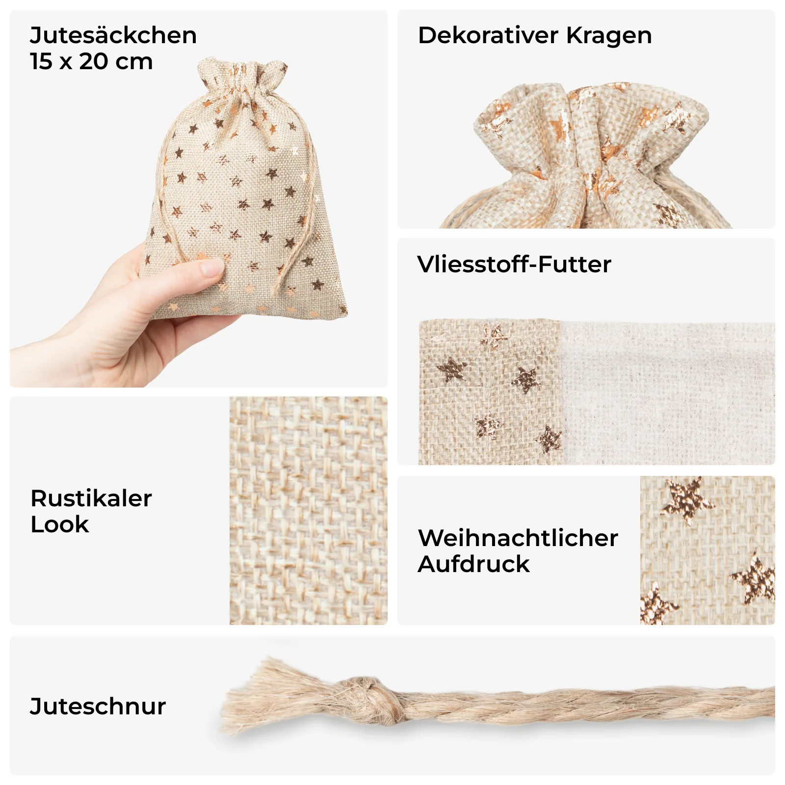 5 Jutebeutel 15x20 cm - mit goldenen Sternen - ideal für Weihnachten & Geschenke – Bild 2