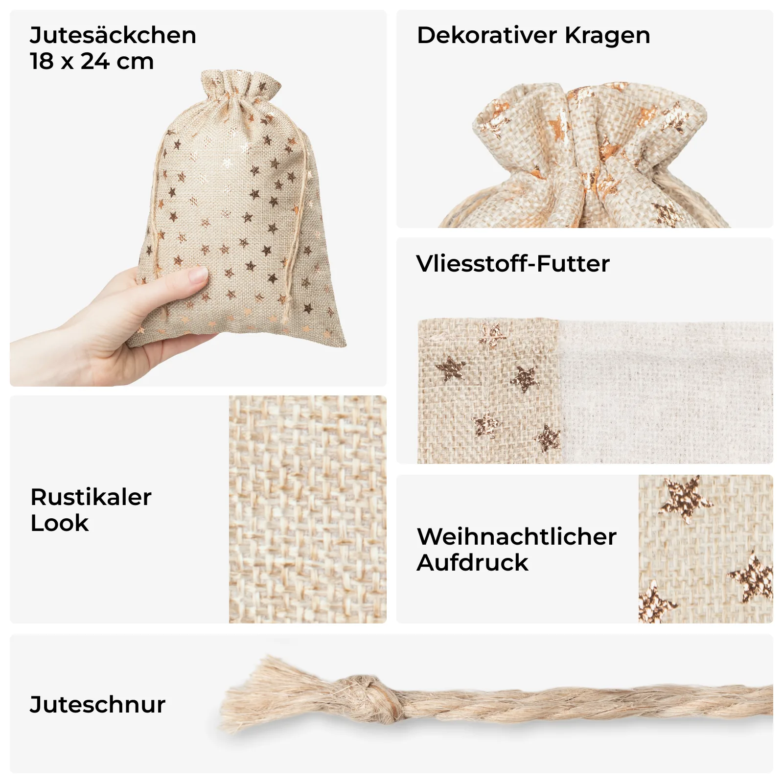 5 Jutebeutel 18x24 cm mit goldenen Sternen - stilvolle Geschenkverpackung im rustikalen Look – Bild 2