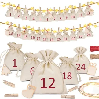 Adventskalender, 24 St. Säckchen aus 100% Baumwolle 10 x 13 cm + Weihnachtszubehör