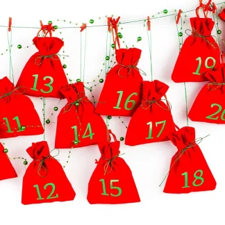 Adventskalender, 24 St. Samtbeutel 12 x 15 cm - rot