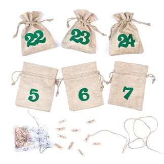 1 Stk. Adventskalender Jutesäckchen 11 x 14 cm - Naturfarbe + grüne Zahlen