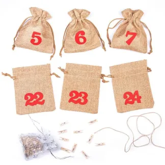 1 Stk. Adventskalender Jutesäckchen 12 x 15 cm - hellbraun + rote Zahlen