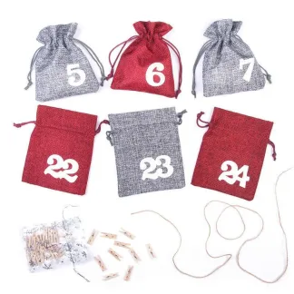 1 Stk. Adventskalender Jutesäckchen 12 x 15 cm - silbern und dunkelrot + weiße Zahlen