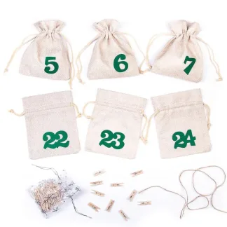 1 Stk. Adventskalender Jutesäckchen 12 x 15 cm - Naturfarbe, hell + grüne Zahlen