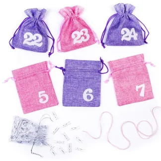 1 Stk. Adventskalender Jutesäckchen, Größe 12 x 15 cm, rosa und violett + weiße Zahlen