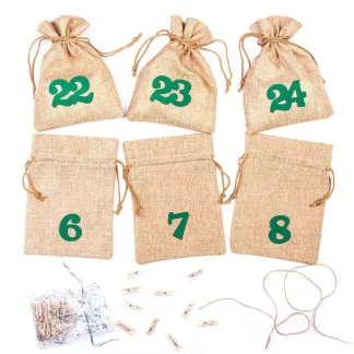 1 Stk. Adventskalender Jutesäckchen 13 x 18 cm - hellbraun + grüne Zahlen