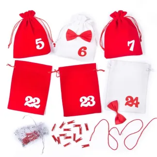 1 Stk. Adventskalender Veloursbeutel, Größe 15 x 20 cm - rot und weiß + weiße und rote Zahlen
