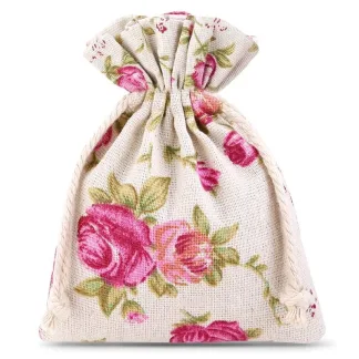 10 St. Säckchen à la Leinen mit Druck 11 x 14 cm - naturfarbe / Rosen